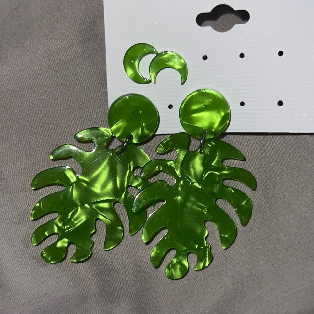 Green palm and moon Earrings